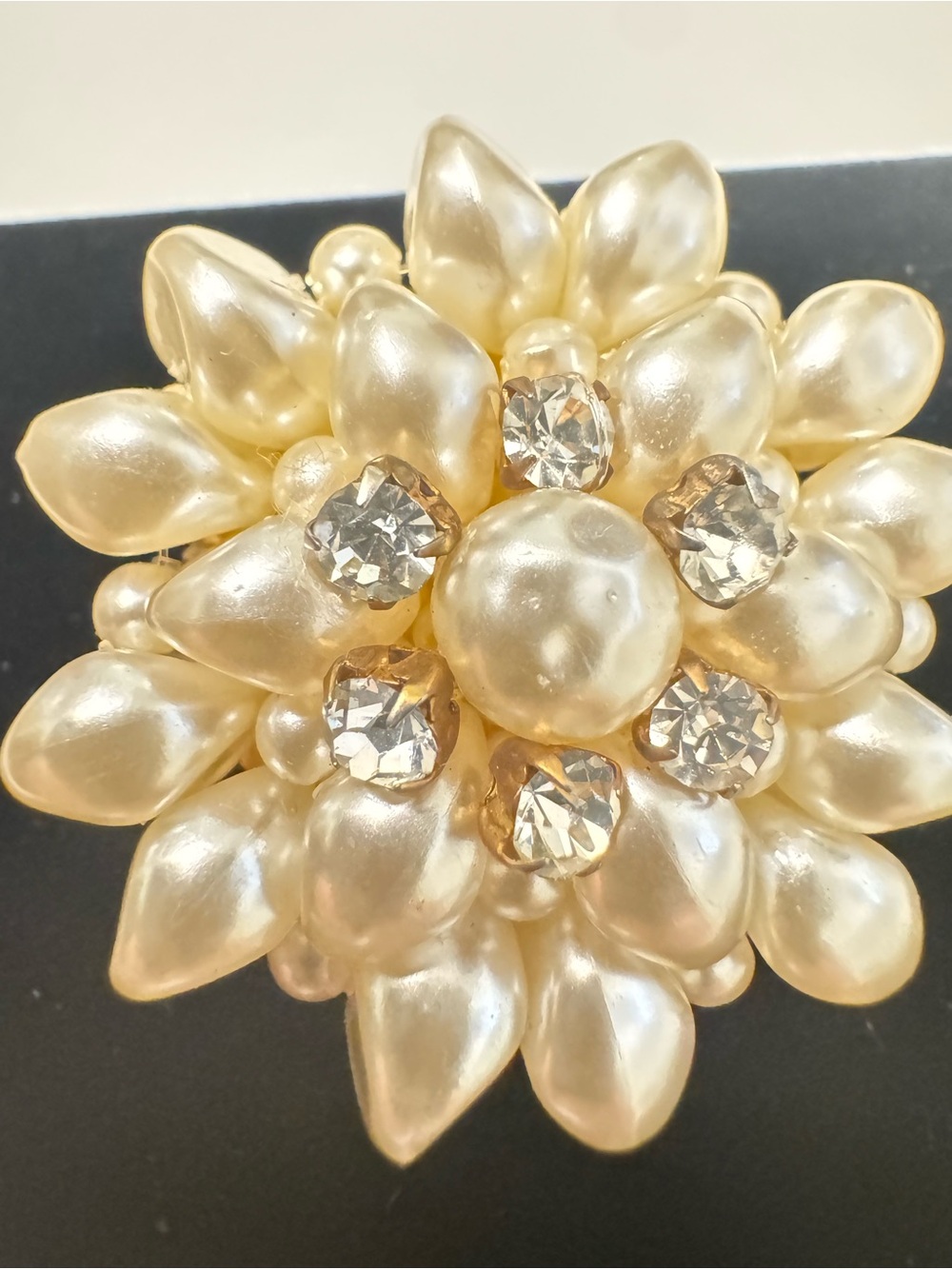 Vintage Pearl Cluster Floral Brooch with Clear Crystals - Cream